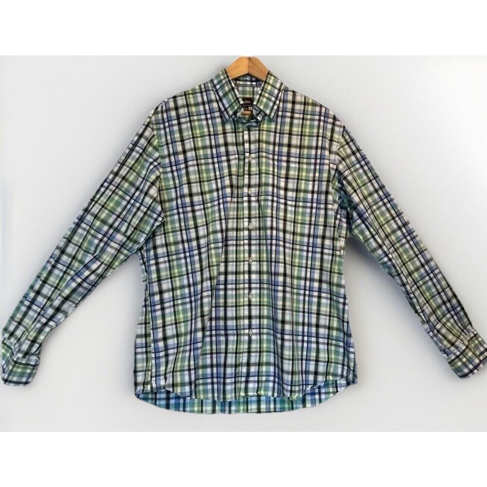 Neiman Marcus Mens Large Plaid Trim Fit Button Up Shirt Blue Green White Plaid